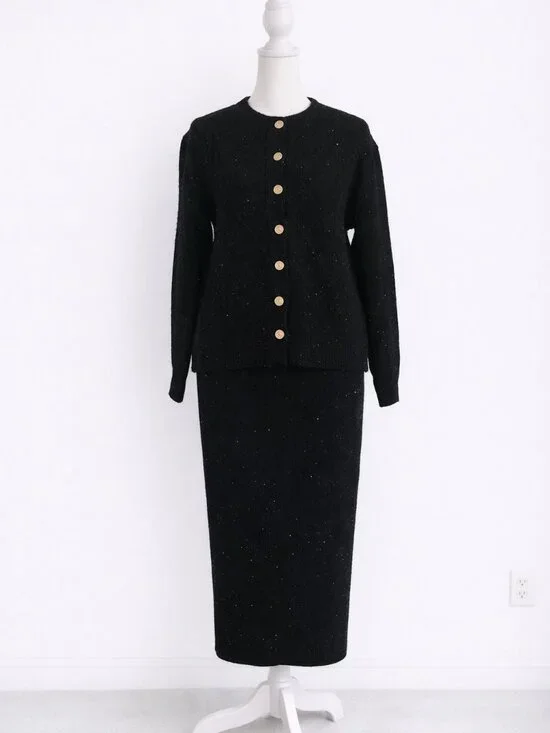 NWT Black Knit Set Gold Button Sparkle Elegant Outfit M - Picture 4 of 8